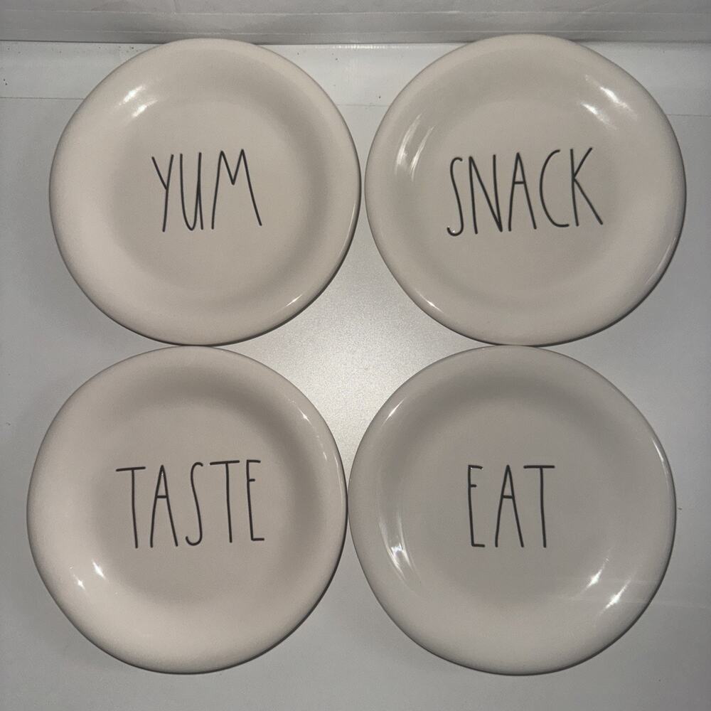 RAE DUNN Set of 4 EAT TASTE SNACK YUM Small Plates Salad Desert Appetizer 6"